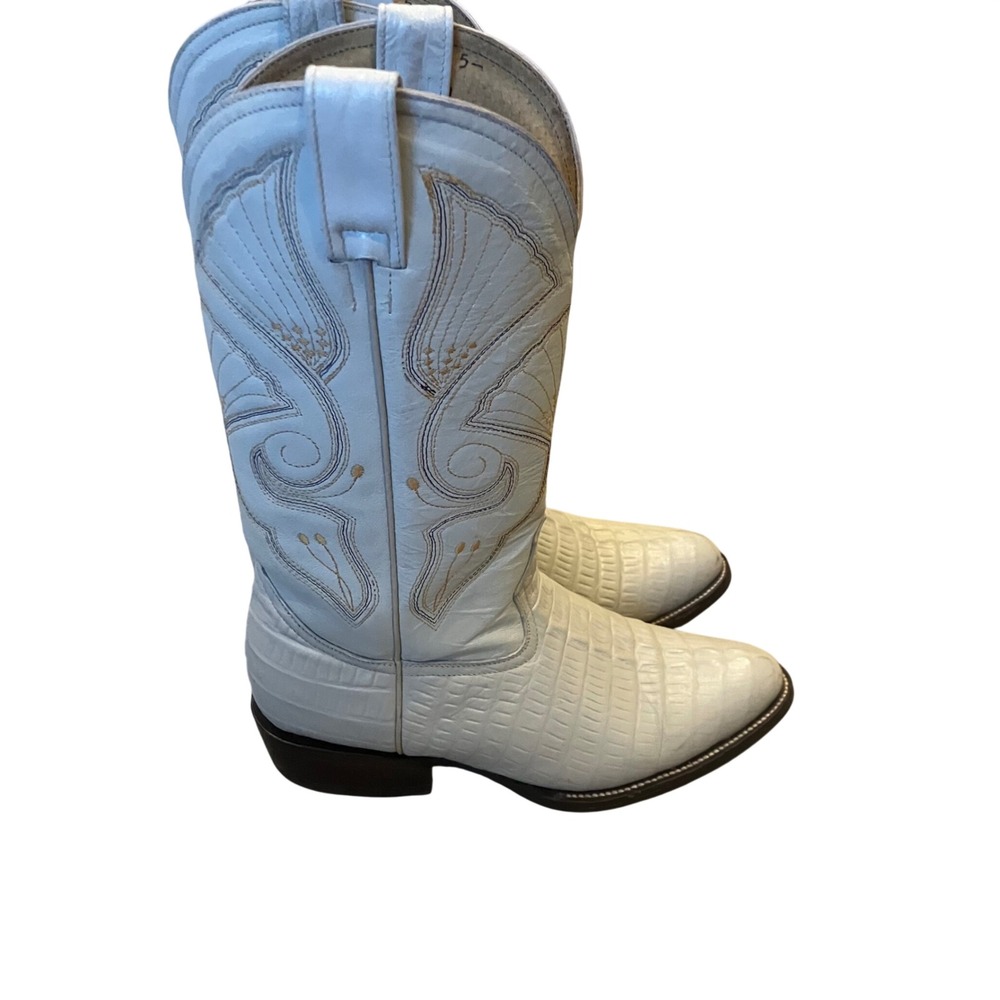 White Caiman Embossed Leather Cowboy Boots Pointed Toe Mexico Mens 7D Womens 8.5